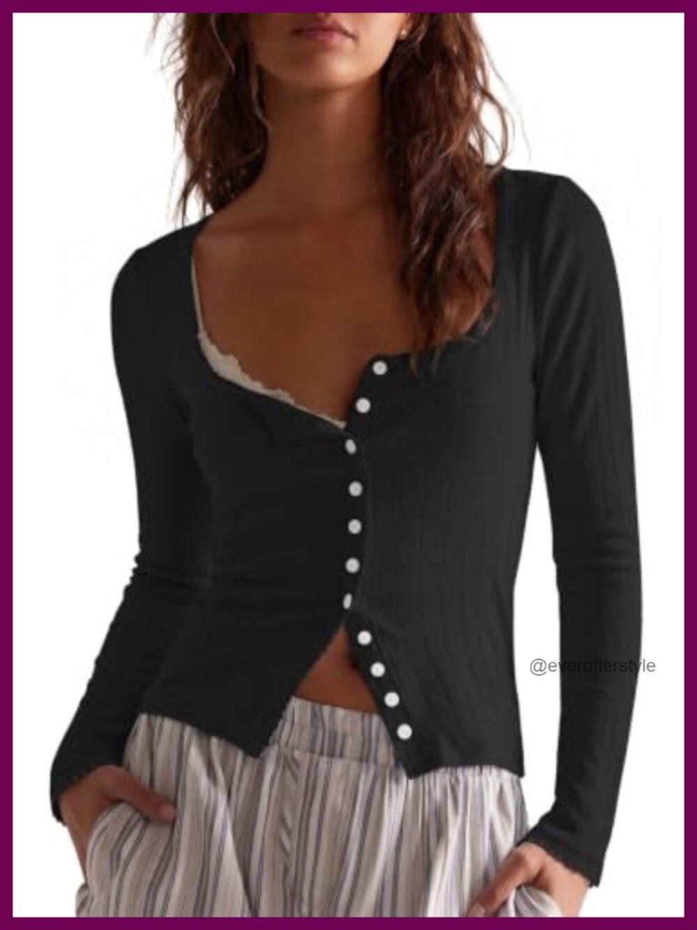 Women's Ribbed Button Down Long Sleeve Picot Trim Tight Tee Shirt